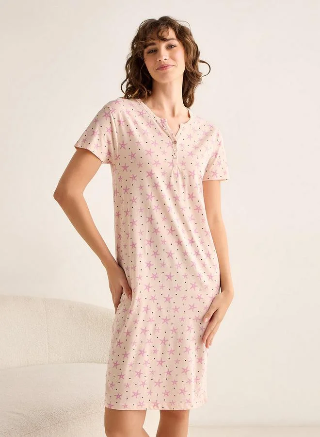 سبلاش فيڤ Knee Length Printed Cotton Night Dress with Short Sleeves